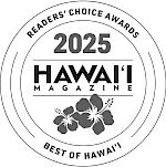The image is a logo for the 2025 Hawai&lsquo;i Magazine Readers' Choice Awards, featuring the text and a hibiscus flower illustration. logo on footer section.