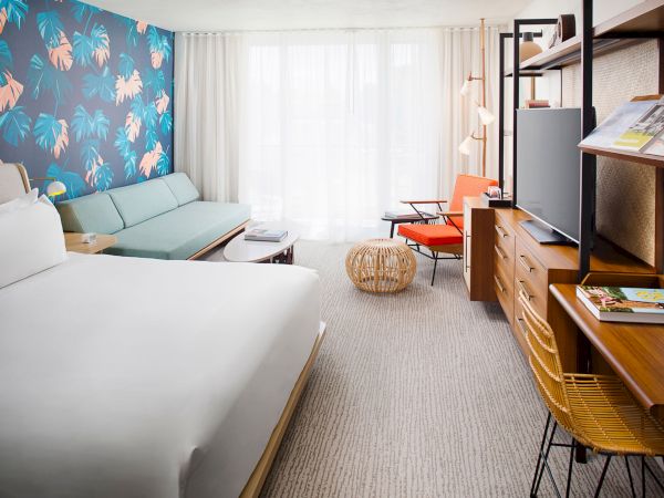 A modern hotel room features a bed, tropical wallpaper, sofa, TV, and desk with a chair, creating a fresh and welcoming atmosphere.