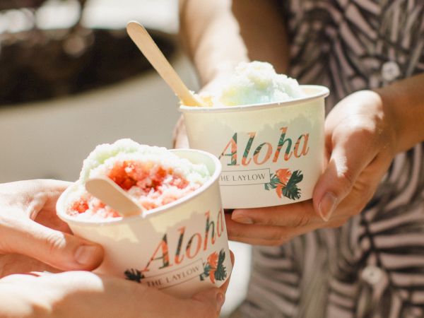 Two people holding cups of colorful shaved ice with spoons, labeled "Aloha," in a sunny setting.