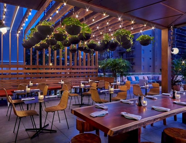 The image shows a cozy outdoor dining area with hanging plants, string lights, and modern tables and chairs set for a meal.