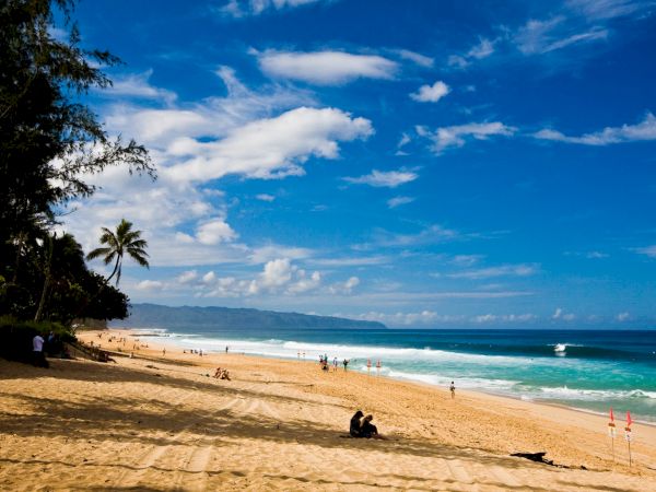 A sunny beach scene with golden sand, a few scattered people, palm trees, and a vibrant blue ocean under a sky dotted with clouds.
