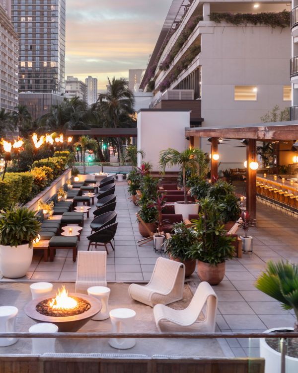 The image shows a rooftop terrace with stylish seating, a bar, a fire pit, and lush greenery, set against a cityscape backdrop at sunset.