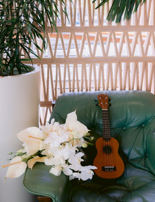 A green chair holds a ukulele and a bouquet of white flowers, surrounded by plants, against a geometric-patterned backdrop.