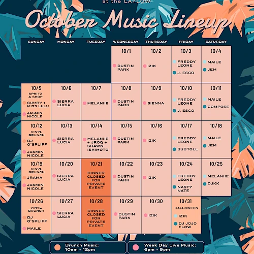 Image of a music lineup calendar for October at "Hideout at the Laylow," featuring various artists on different days.