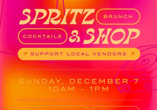 Colorful event flyer for a “Sprite & Shop” brunch by Hint: highlights cocktails, local vendors, and Sunday December 7, 10am-1pm.