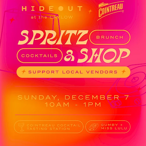 Colorful event flyer for a &ldquo;Sprite & Shop&rdquo; brunch by Hint: highlights cocktails, local vendors, and Sunday December 7, 10am-1pm.