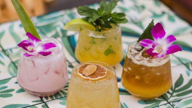 Four colorful cocktails on a decorative table, garnished with flowers, mint, and citrus slices.