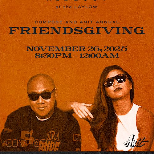 Flyer for "Friendsgiving" event on November 26, 2023, at Hideout Waikiki, featuring Compose and Anit, from 8:30 PM to 12:00 AM.