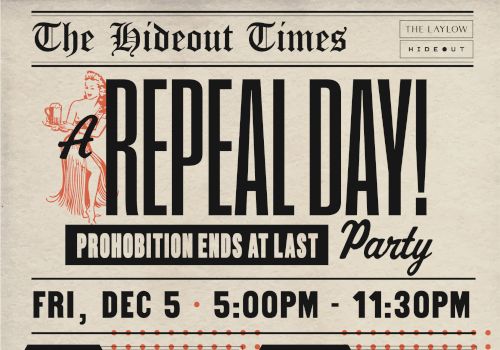 A vintage-style flyer for a "REPEAL DAY!" party in a spoof newspaper, featuring Connor Johnson and J. Esco, with Old Fashioned Reagan-themed imagery and playful typography.
