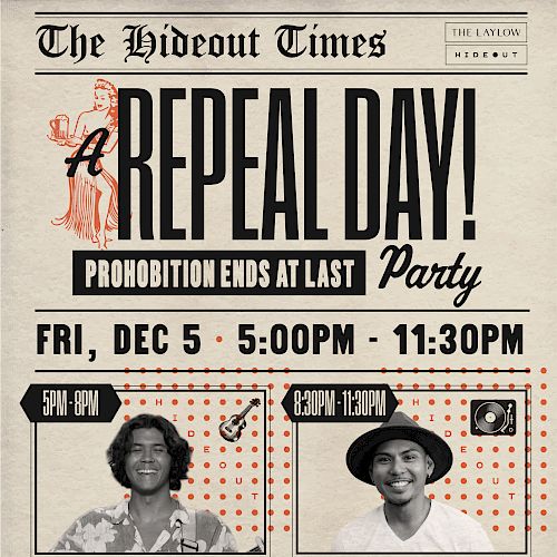 A vintage-style flyer for a "REPEAL DAY!" party in a spoof newspaper, featuring Connor Johnson and J. Esco, with Old Fashioned Reagan-themed imagery and playful typography.
