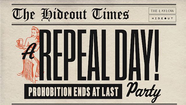 A vintage-style flyer for a "REPEAL DAY!" party in a spoof newspaper, featuring Connor Johnson and J. Esco, with Old Fashioned Reagan-themed imagery and playful typography.