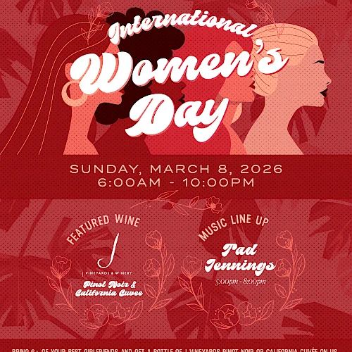 Poster for International Women&rsquo;s Day event with red tones, two female silhouettes, &ldquo;International Women&rsquo;s Day&rdquo; script, and event details (date, time, venue, bands).