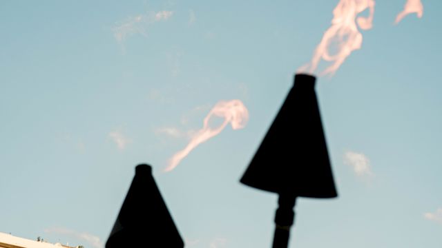 A skyline with tall modern buildings and a palm tree, foregrounded by two torches with flames against a clear blue sky.