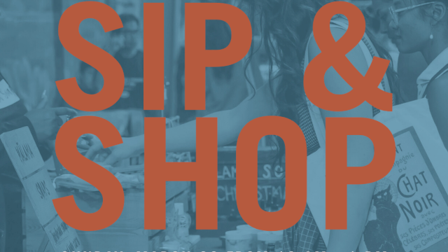 An event poster for &ldquo;SIP & SHOP&rdquo; by Hideout x Foundher, inviting a Sunday March 29 10 AM&ndash;1 PM gathering with branding and people in a storefront setting.