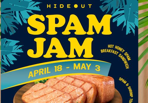 Hideout Spam Jam can with tropical design with two menu cards.