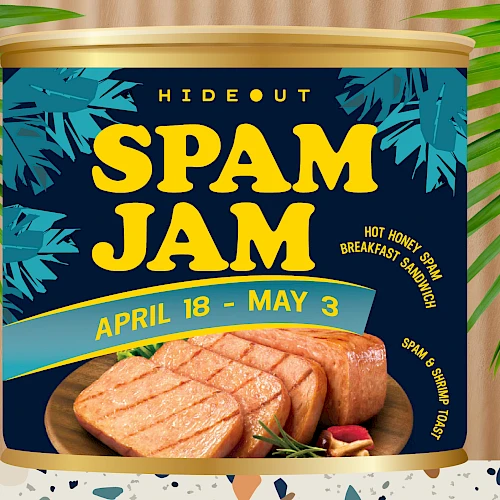 Hideout Spam Jam can with tropical design with two menu cards.