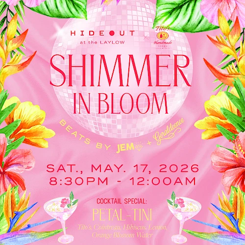 Shimmer in Bloom party flyer with event info