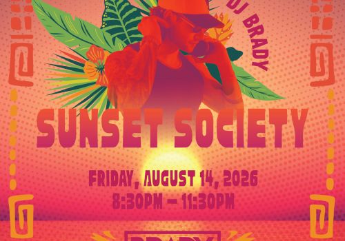 Colorful event flyer for &ldquo;Hideout at the Laylow&rdquo; featuring DJ Brady&mdash;Sunset Society on Friday, Aug 14, 2026, 8:30&ndash;11:30 PM.