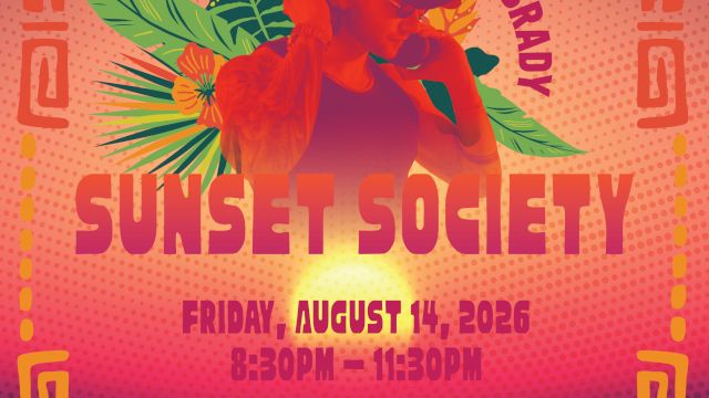 Colorful event flyer for &ldquo;Hideout at the Laylow&rdquo; featuring DJ Brady&mdash;Sunset Society on Friday, Aug 14, 2026, 8:30&ndash;11:30 PM.