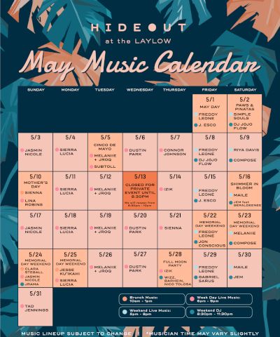 A May Music Calendar with grid of daily event dates.