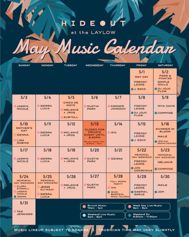A May Music Calendar with grid of daily event dates.